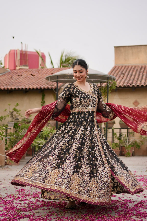 Noor e sahar black flared angarkha maxi