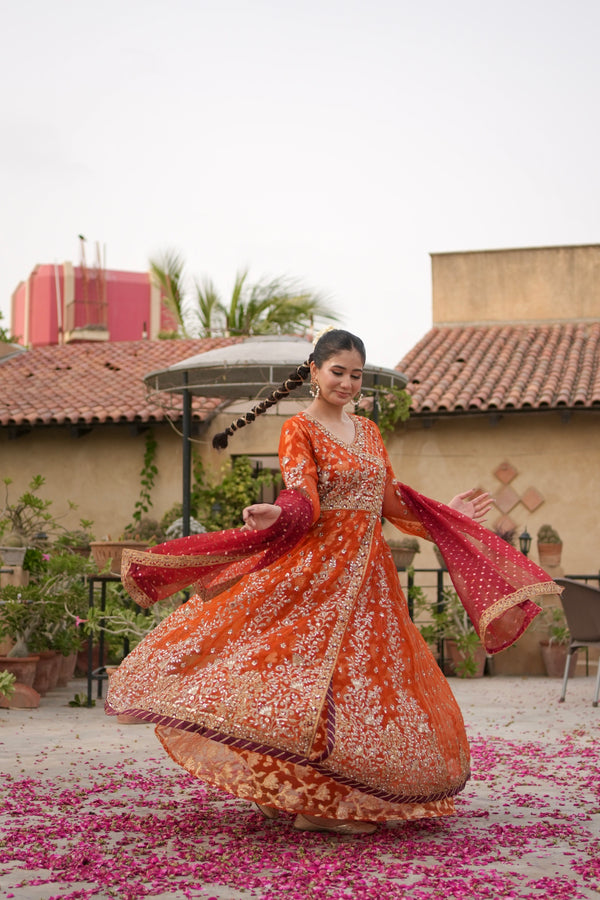 Noor e sahar rust flared angarkha maxi
