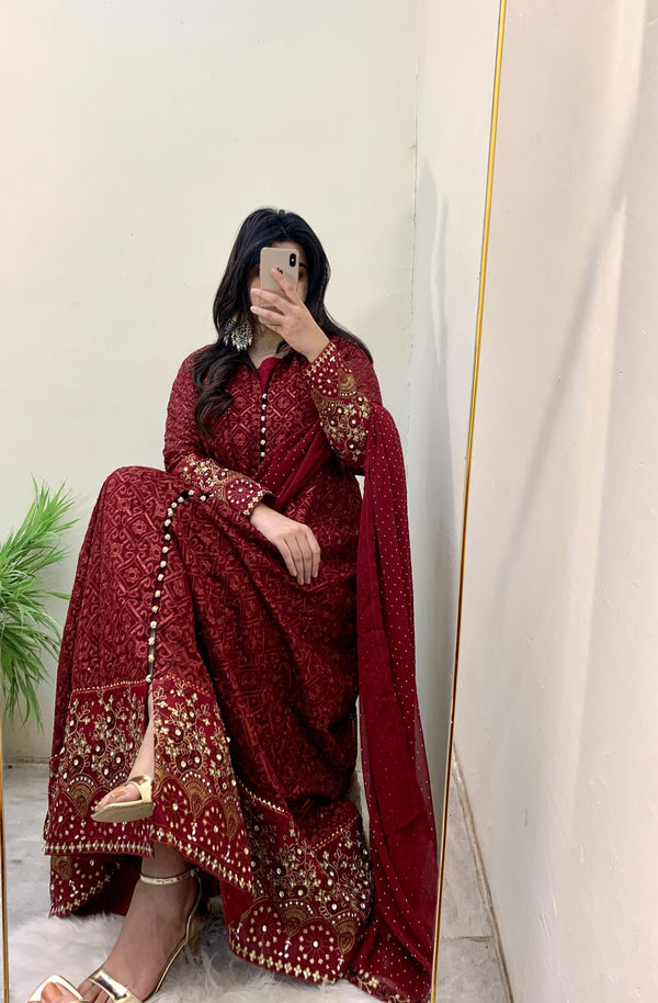 Mahrosh   maroon chikankari maxi