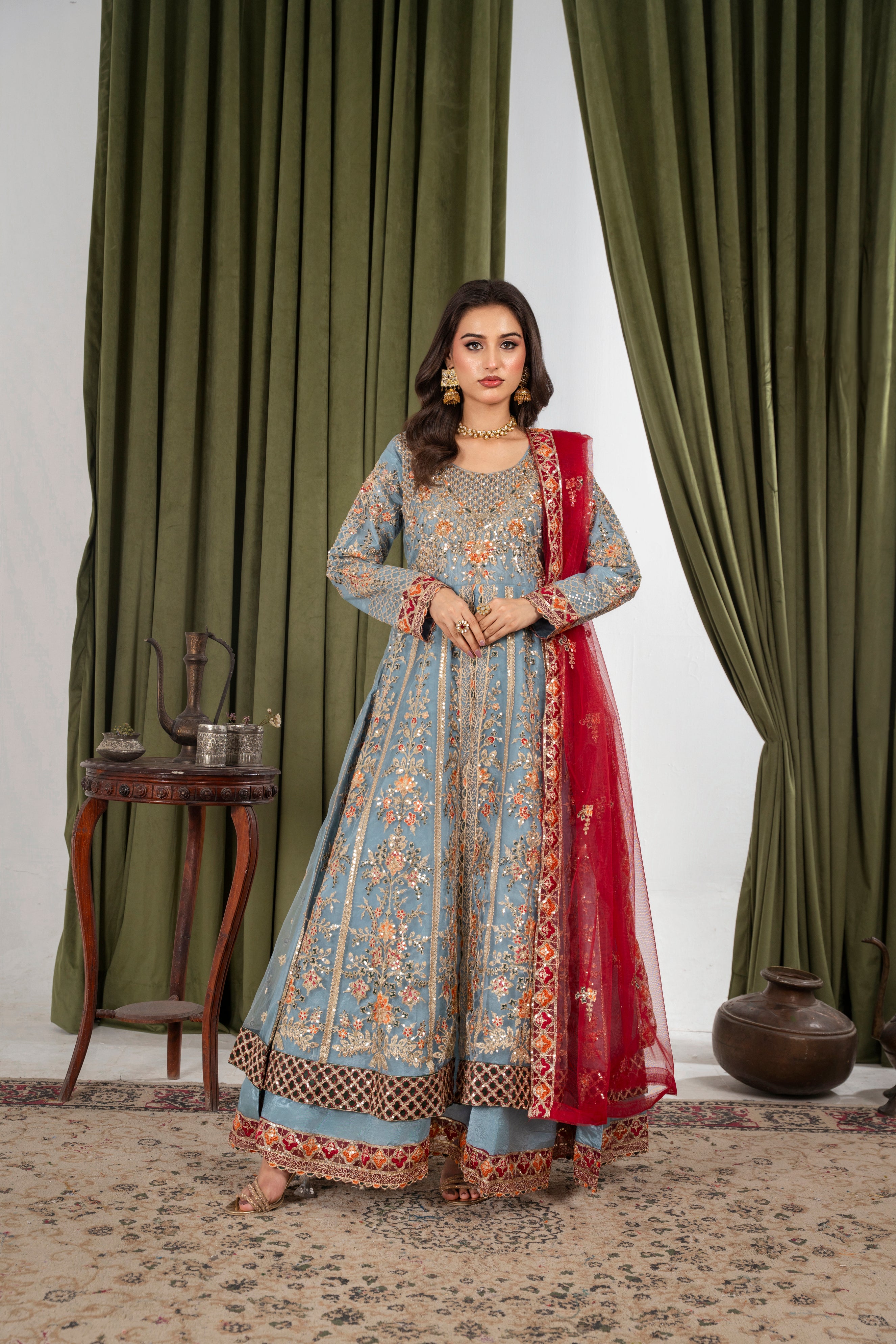 Arzu Ice Blue & Maroon Maxi