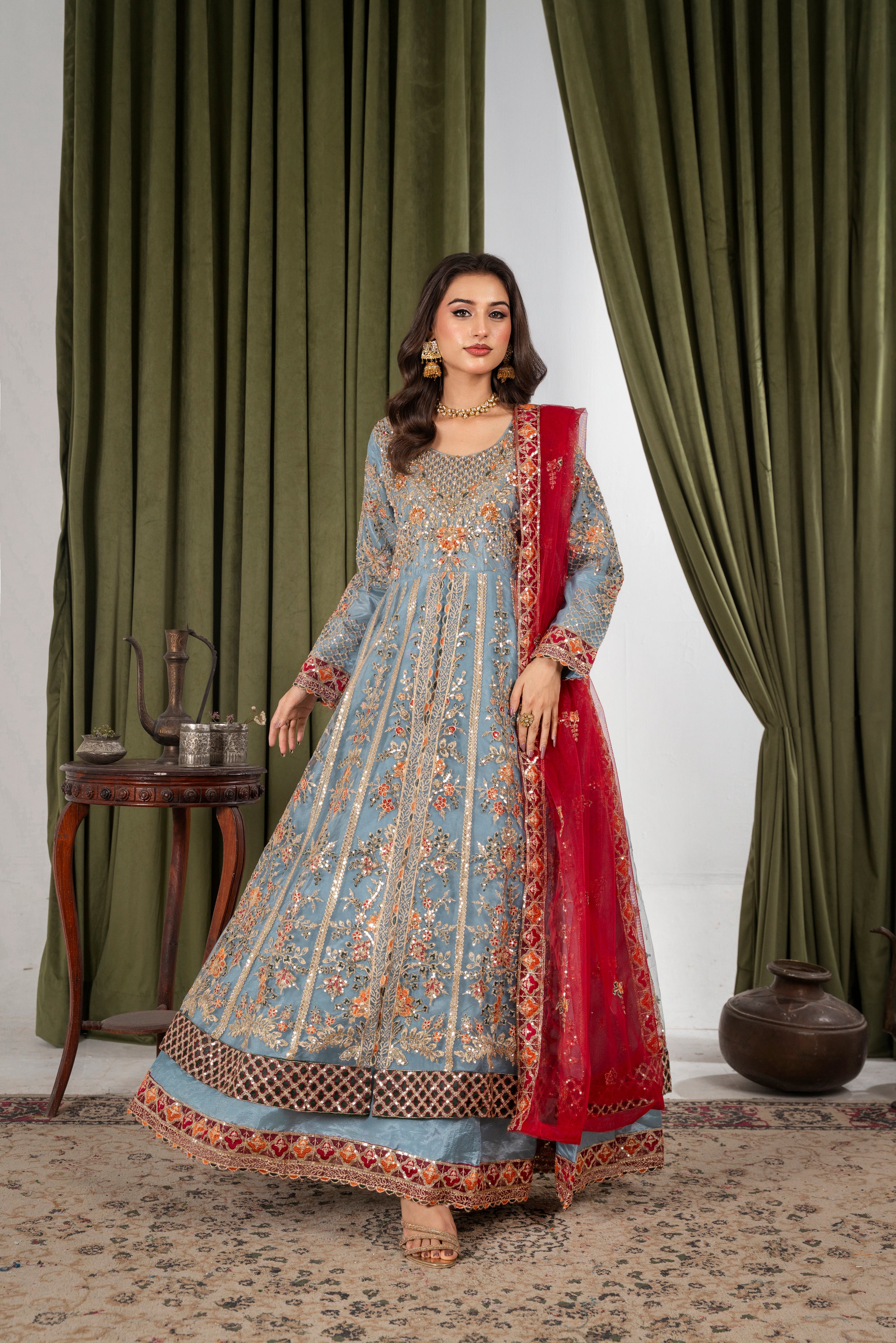 Arzu Ice Blue & Maroon Maxi