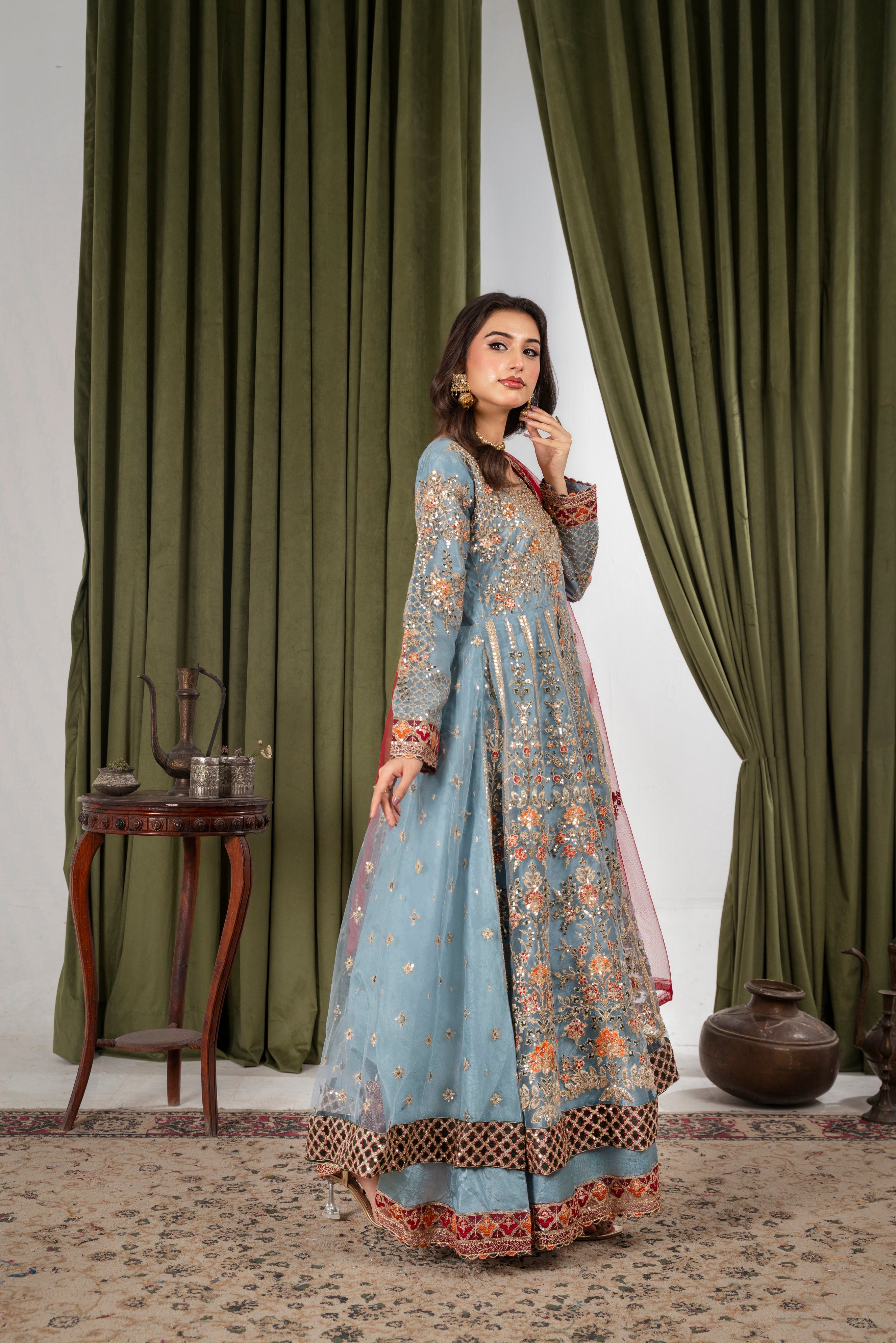 Arzu Ice Blue & Maroon Maxi