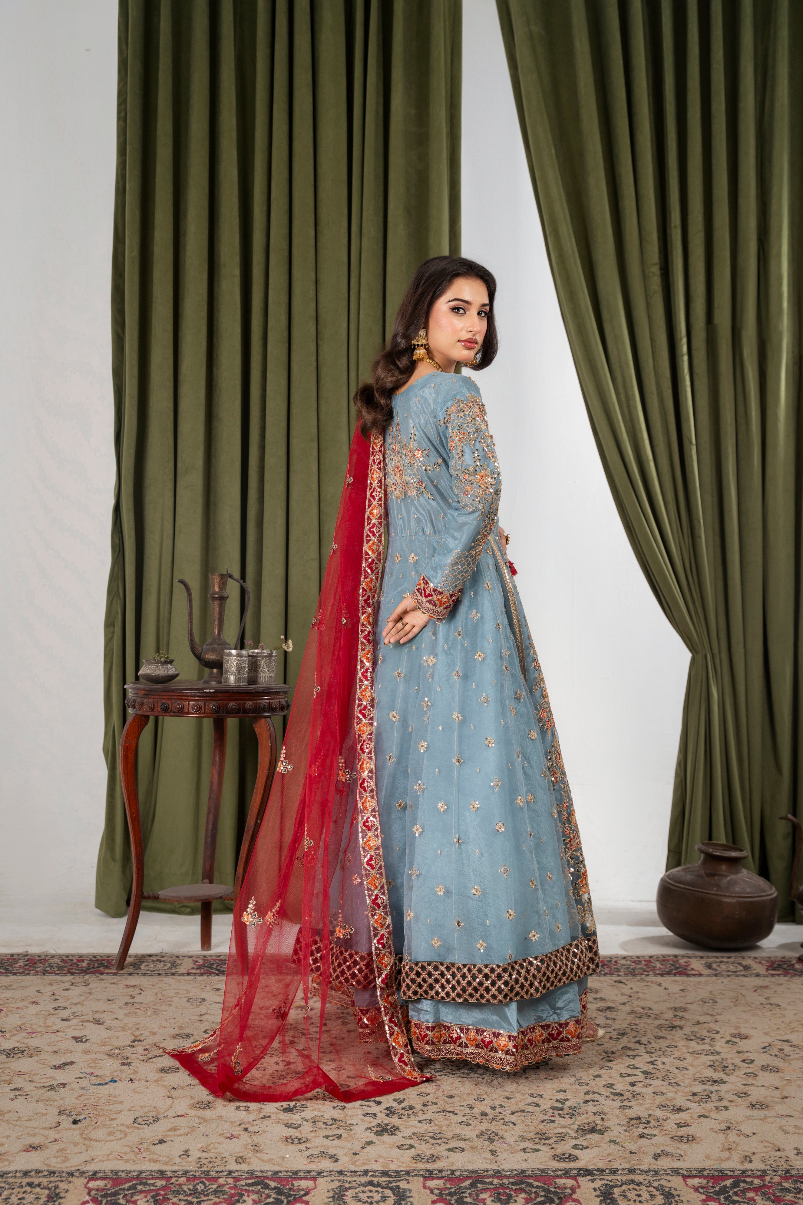 Arzu Ice Blue & Maroon Maxi