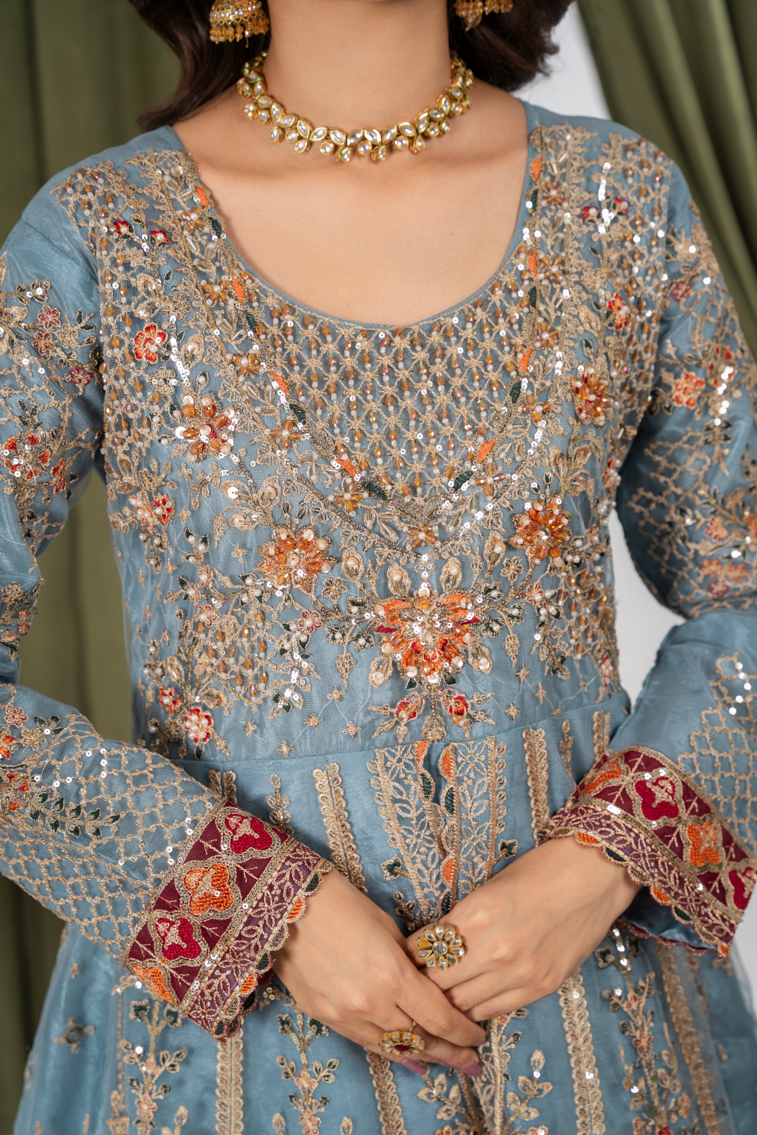 Arzu Ice Blue & Maroon Maxi