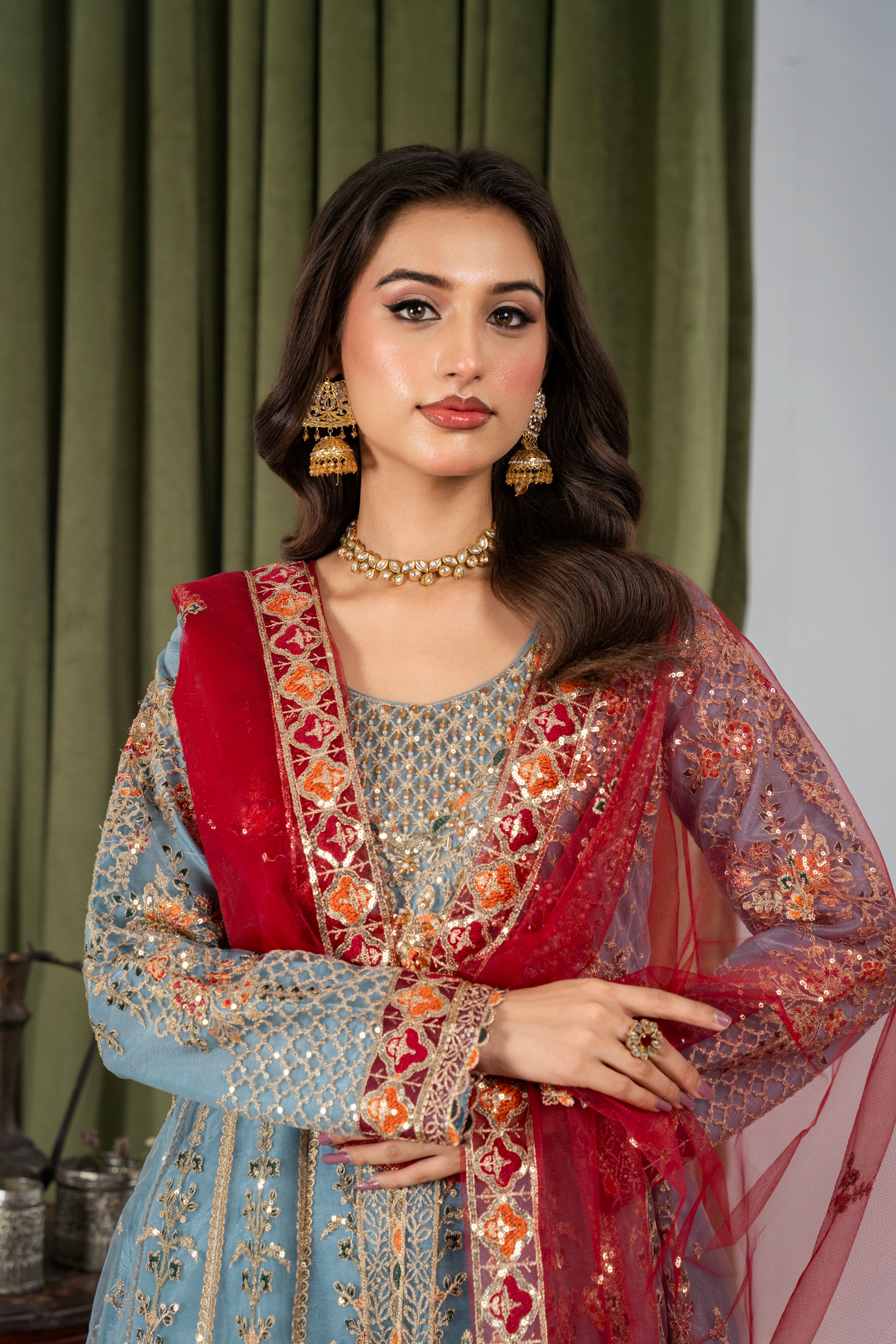 Arzu Ice Blue & Maroon Maxi