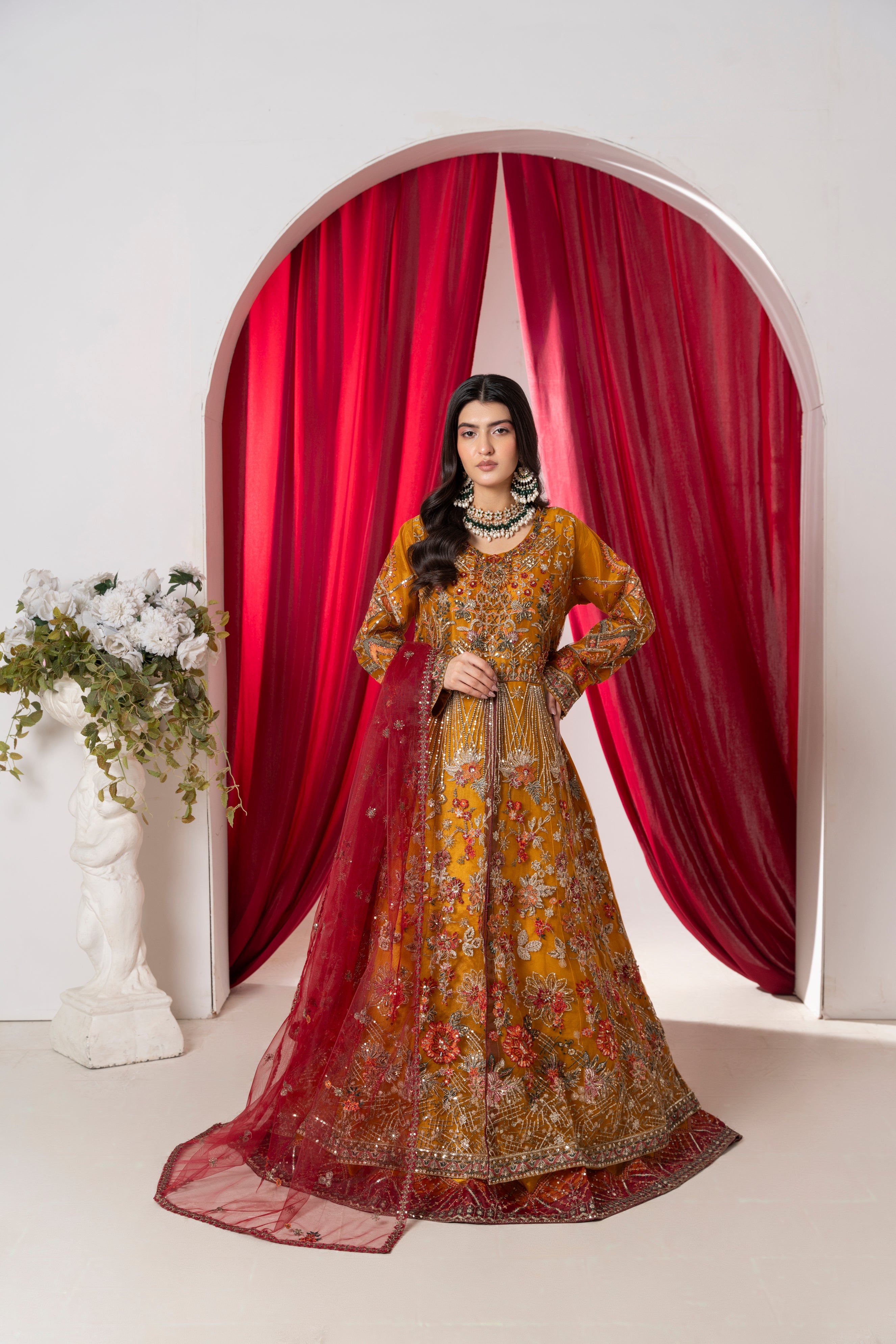 ALAYA Amber Mustard & Deep Maroon Flared Maxi