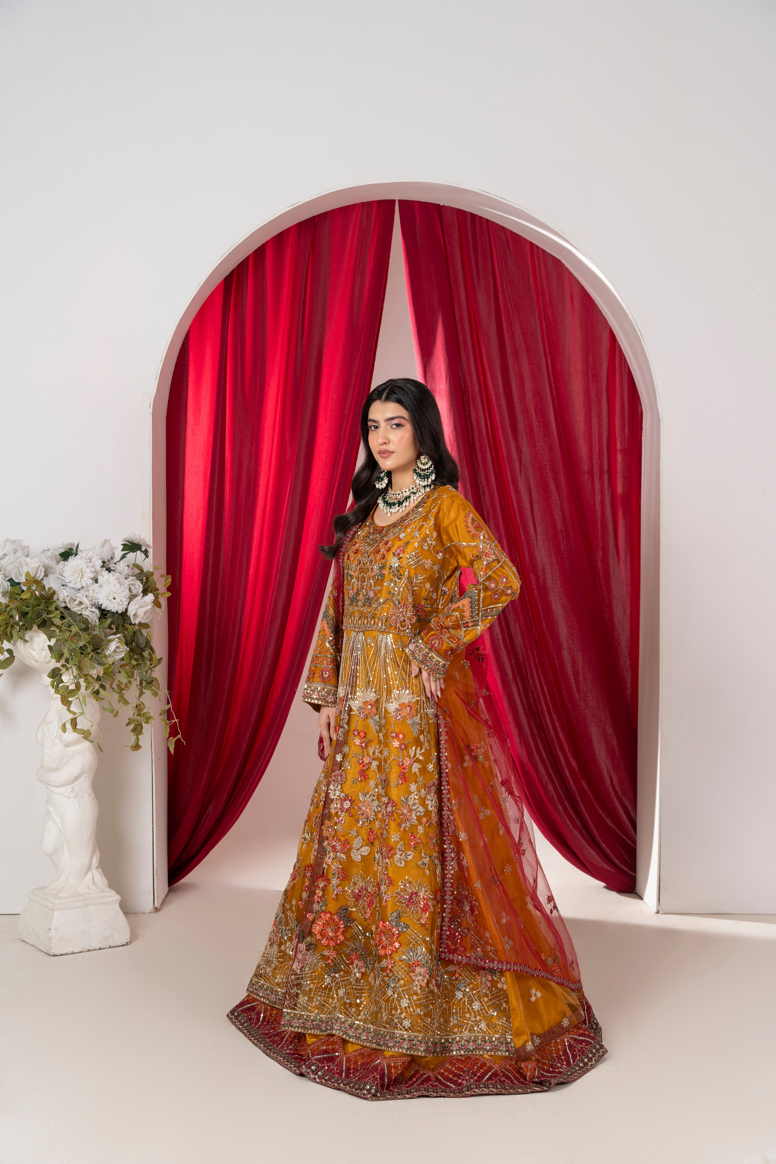 ALAYA Amber Mustard & Deep Maroon Flared Maxi