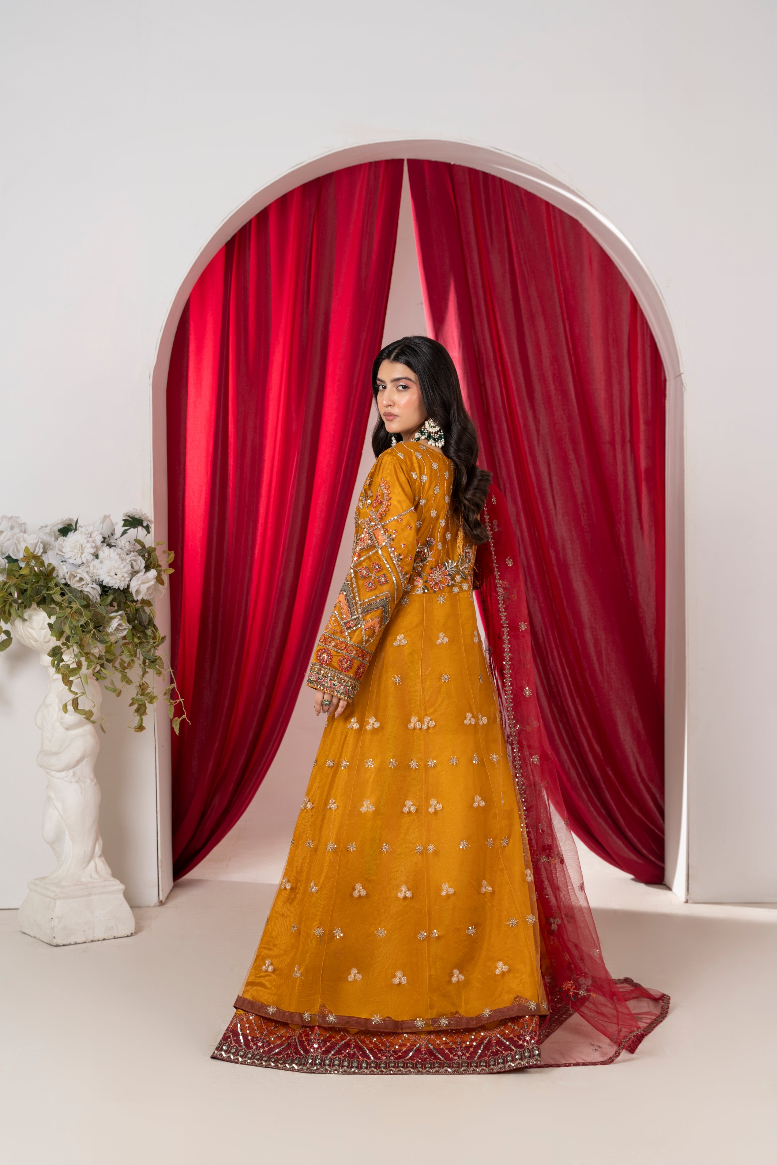 ALAYA Amber Mustard & Deep Maroon Flared Maxi