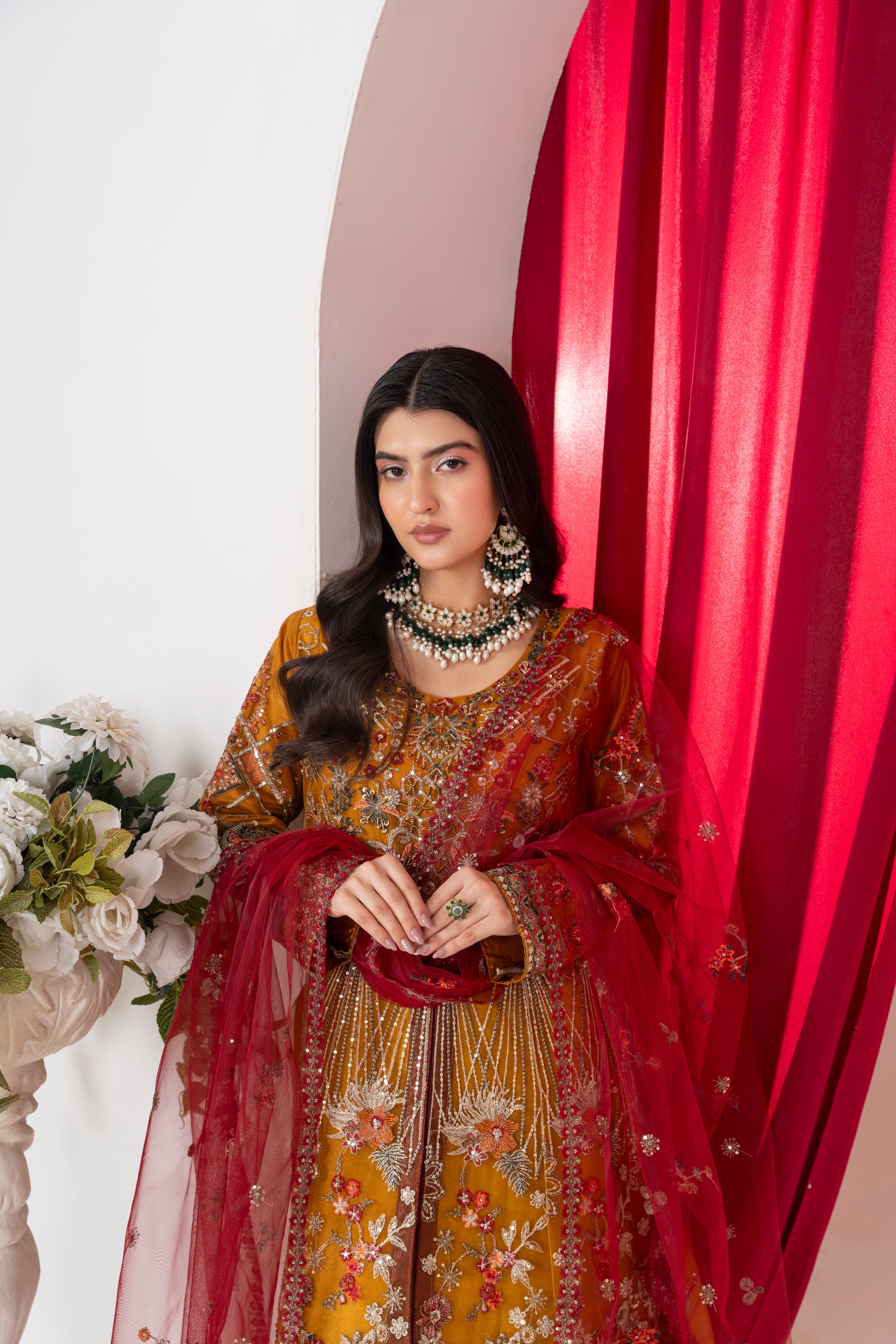 ALAYA Amber Mustard & Deep Maroon Flared Maxi