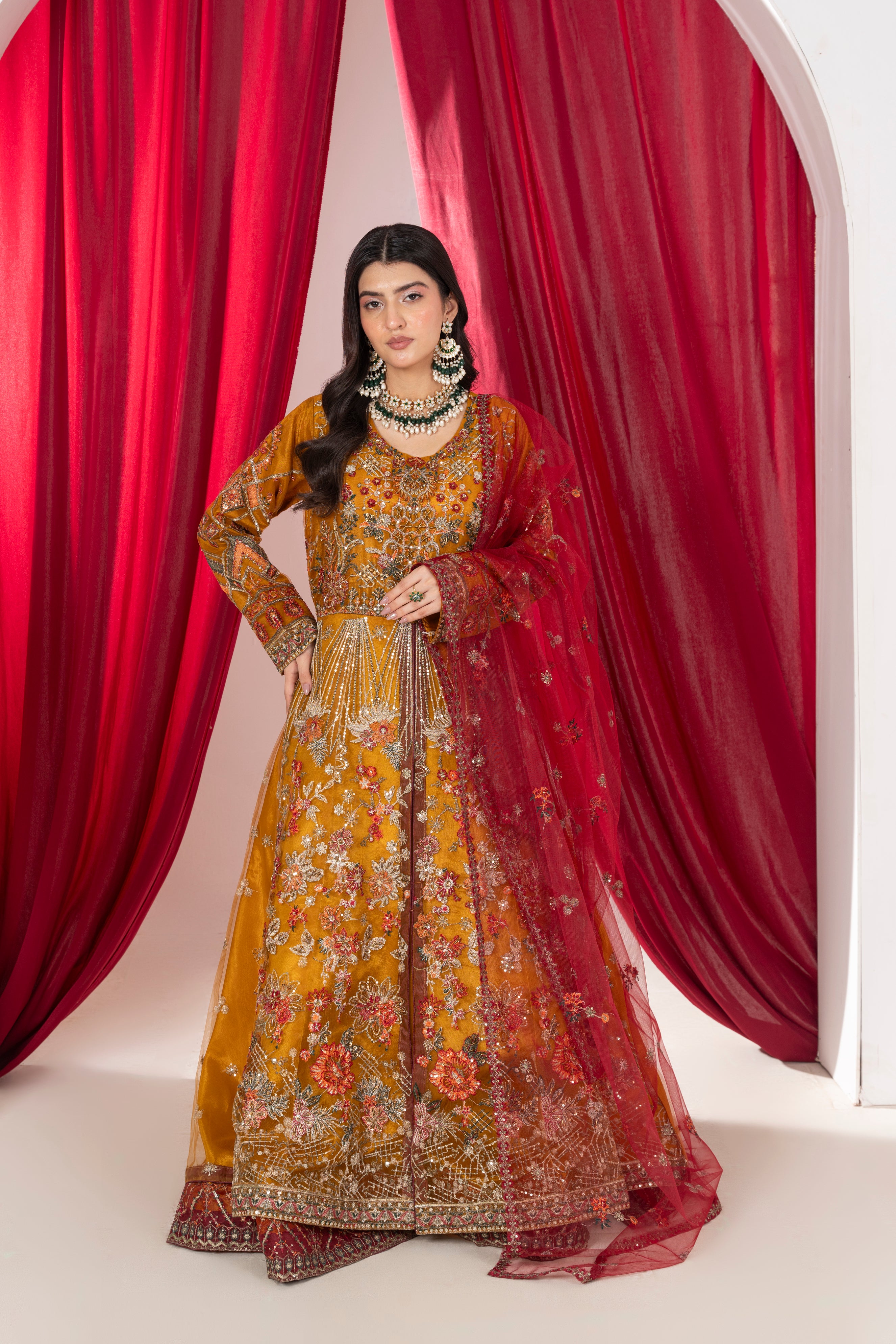 ALAYA Amber Mustard & Deep Maroon Flared Maxi