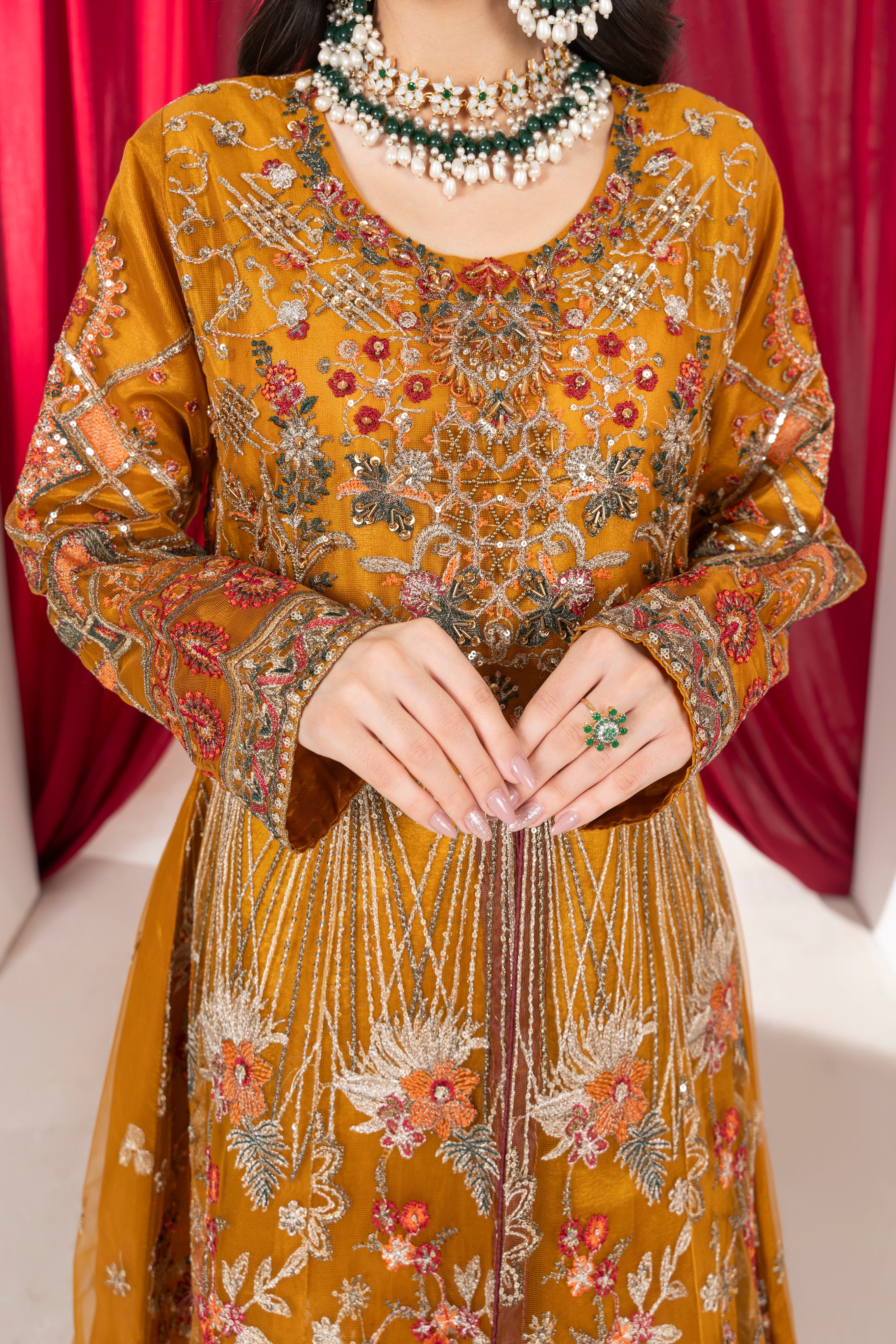 ALAYA Amber Mustard & Deep Maroon Flared Maxi