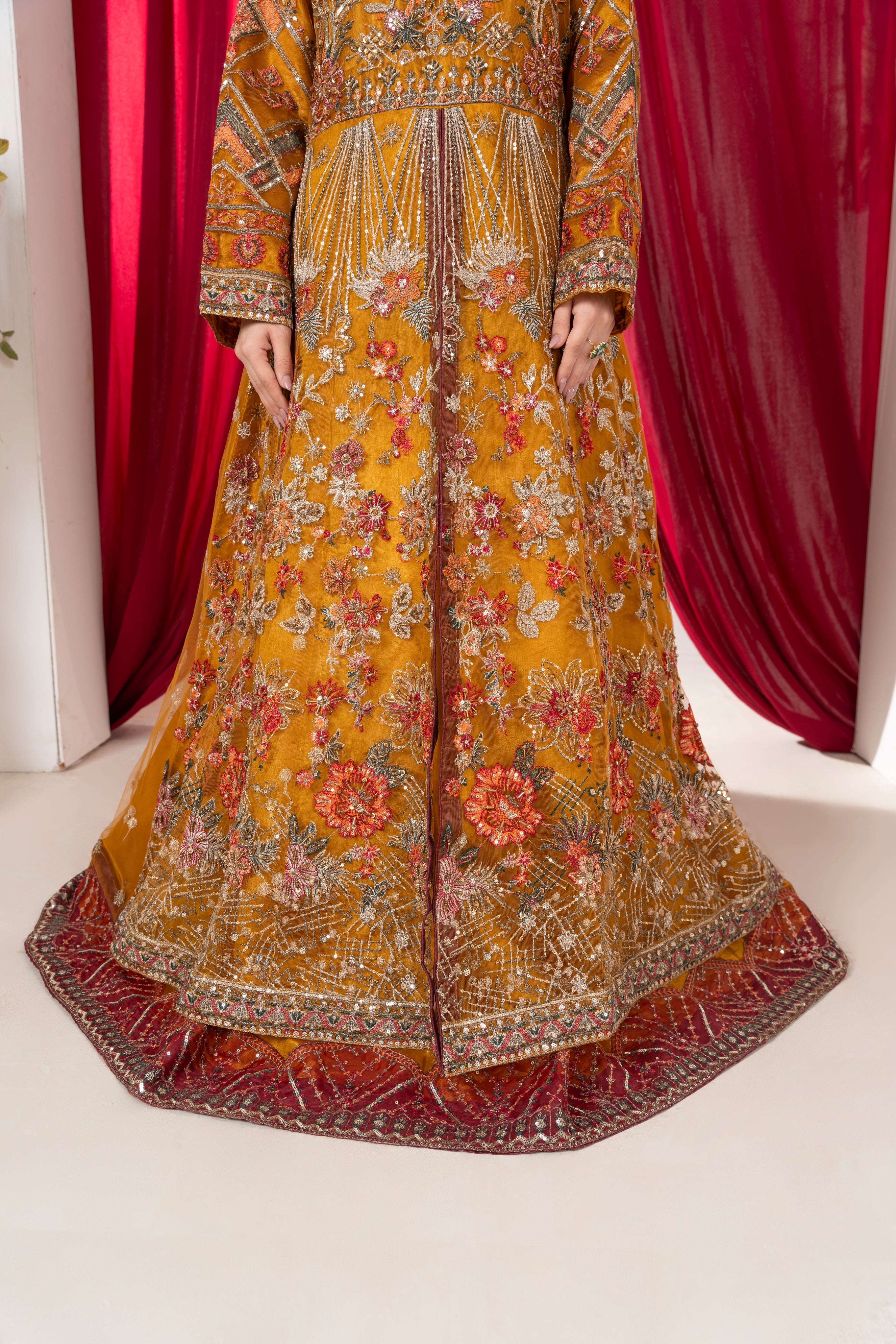 ALAYA Amber Mustard & Deep Maroon Flared Maxi
