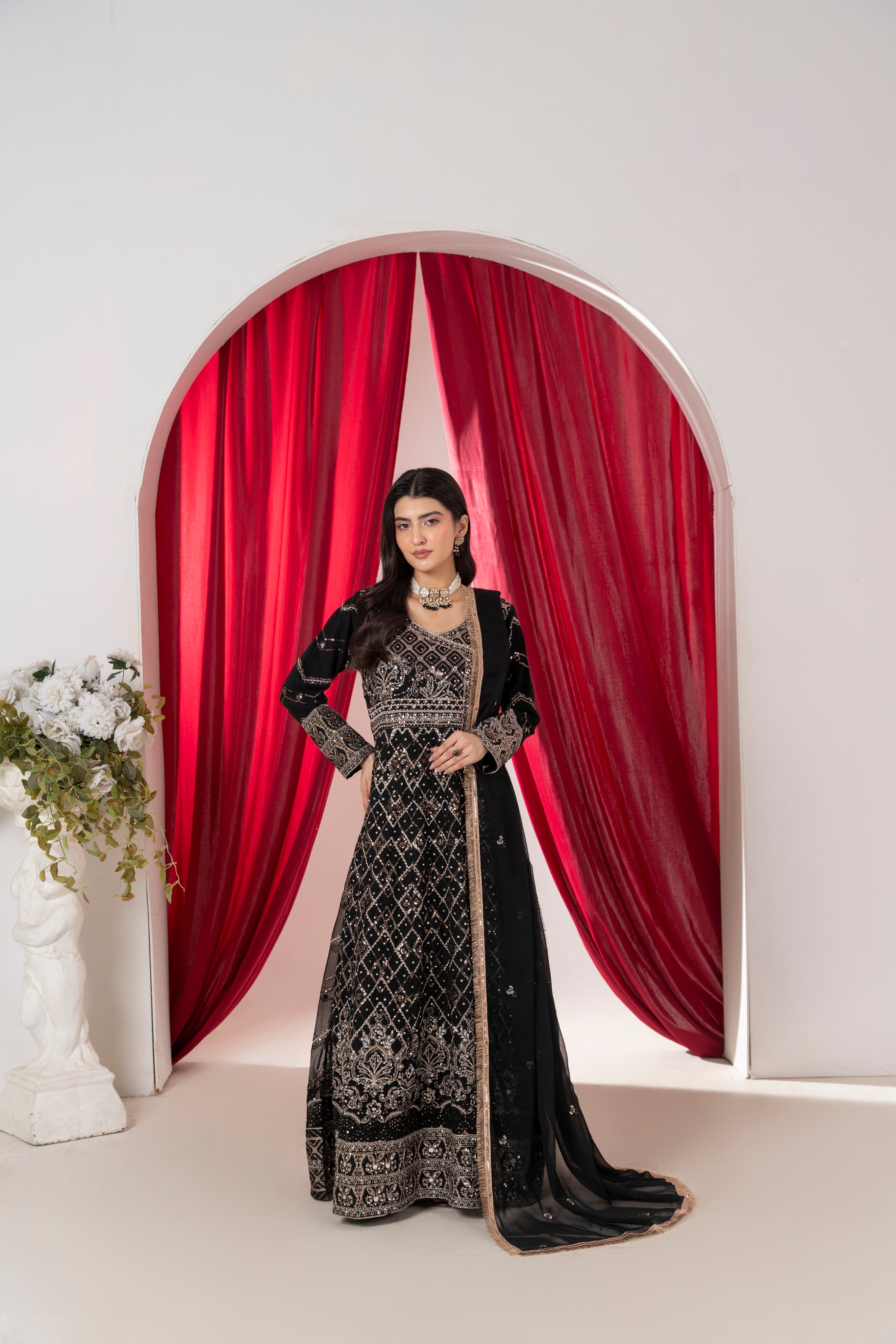 Ameera - Velour Black Chiffon Angarkha Mirror Maxi