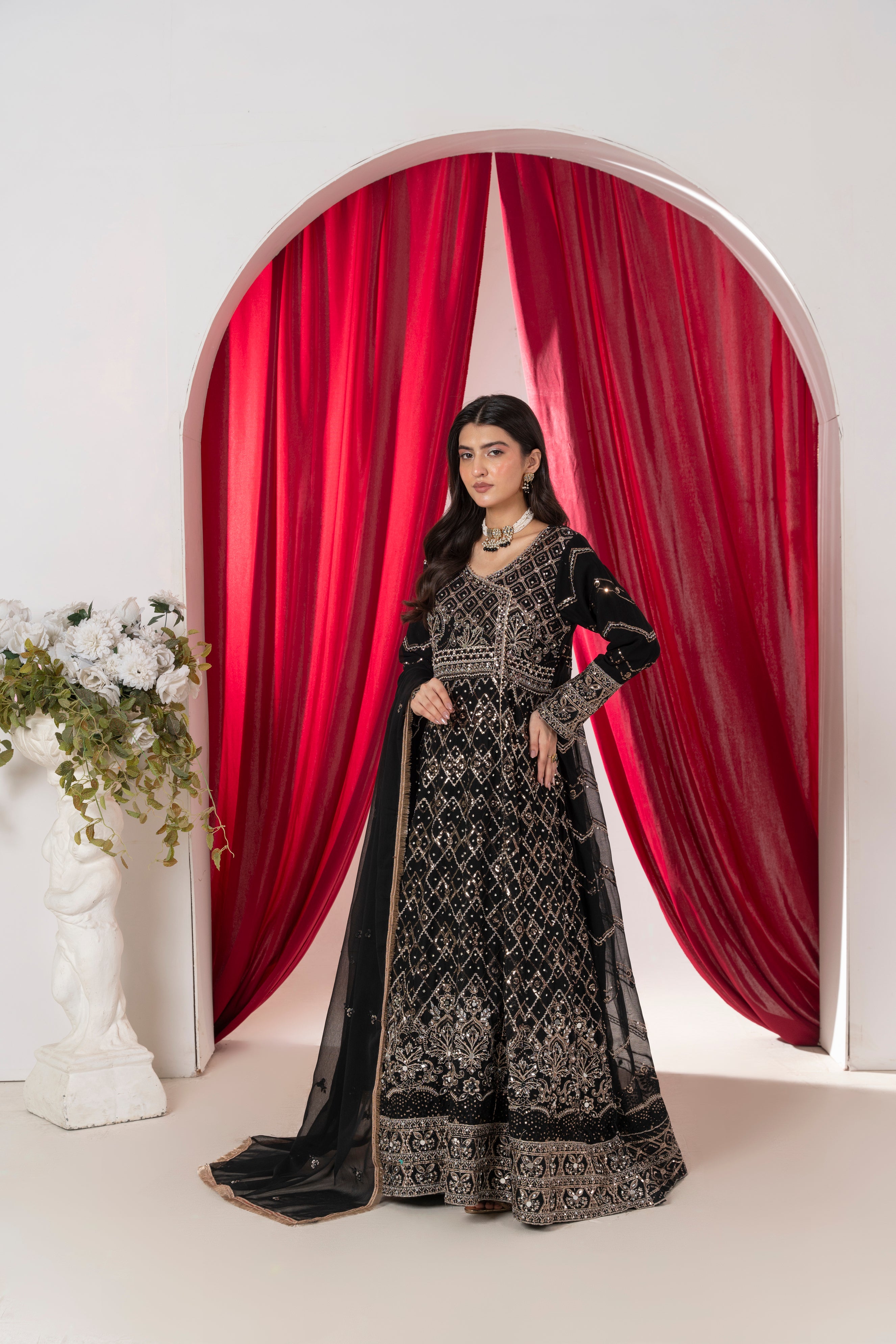 Ameera - Velour Black Chiffon Angarkha Mirror Maxi
