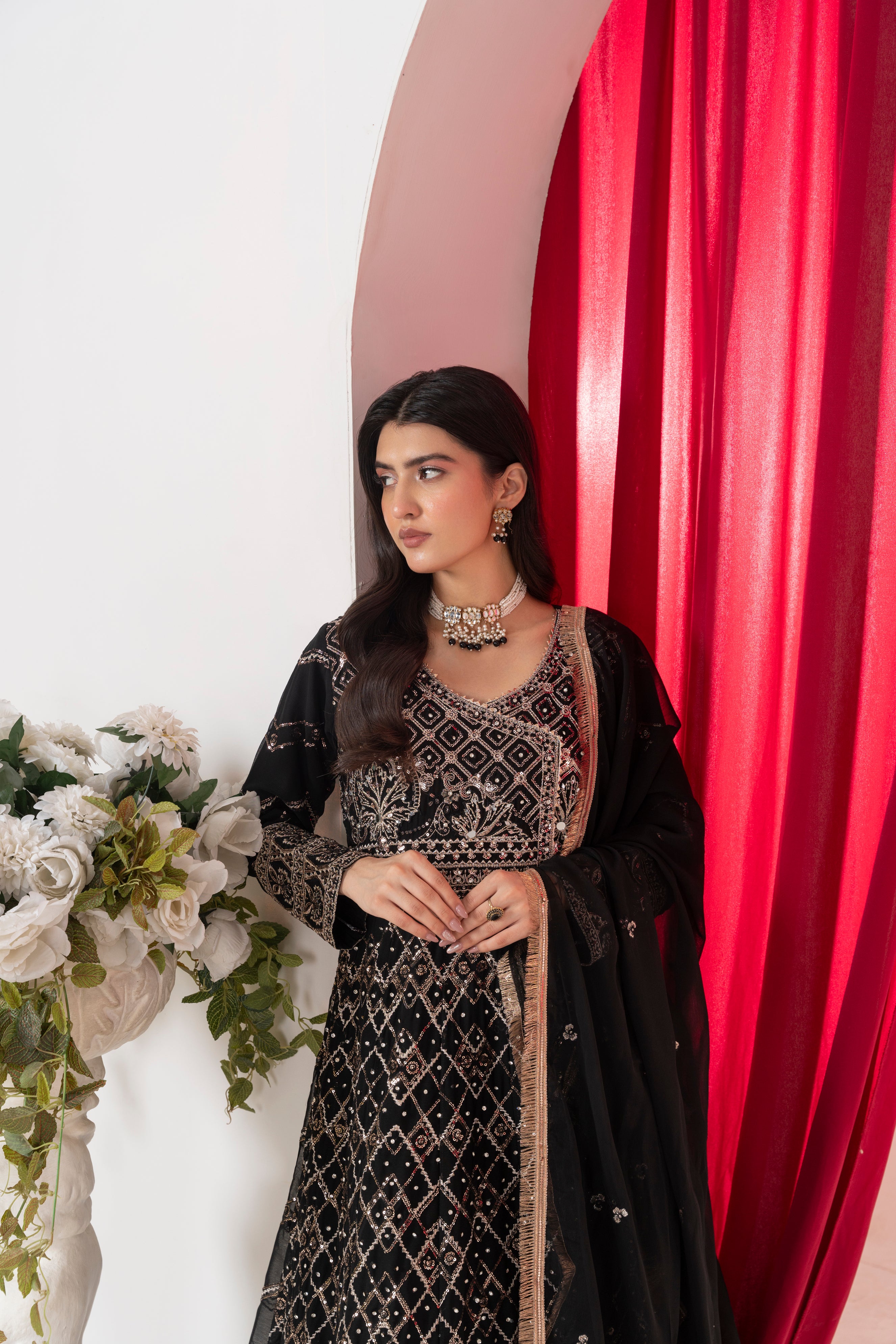 Ameera - Velour Black Chiffon Angarkha Mirror Maxi