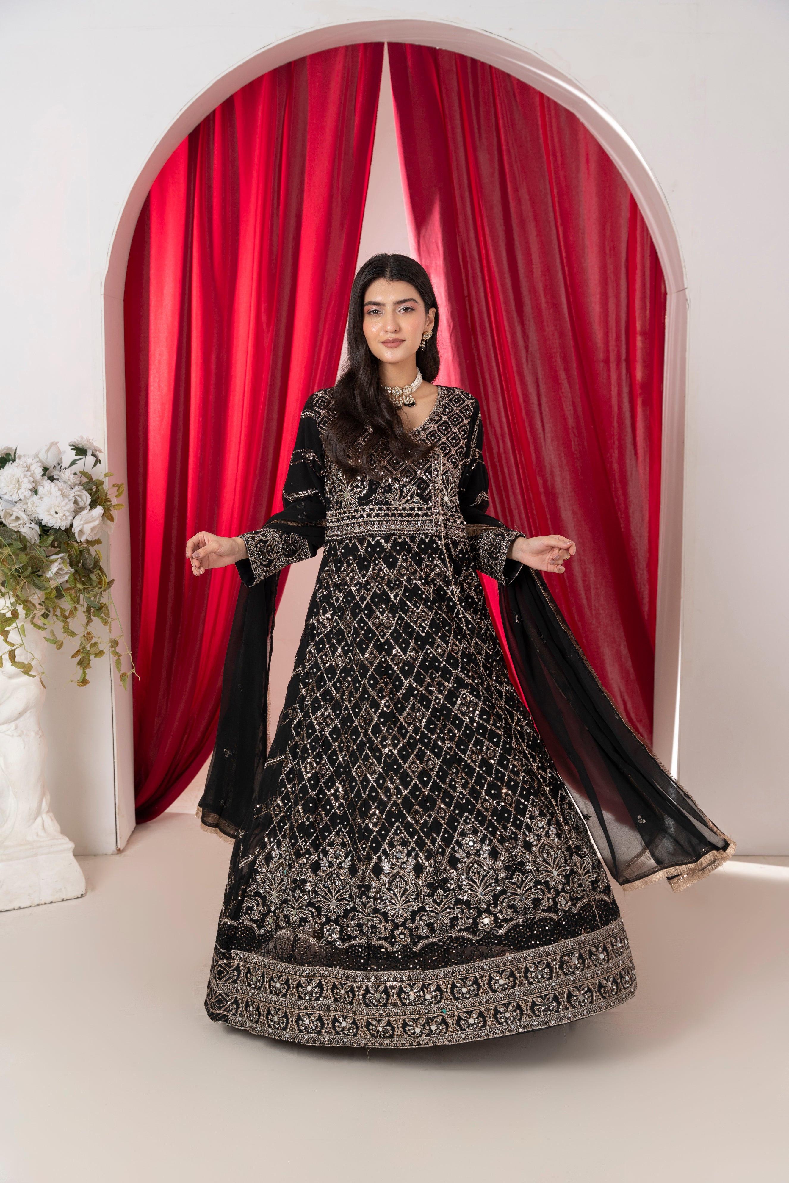 Ameera - Velour Black Chiffon Angarkha Mirror Maxi
