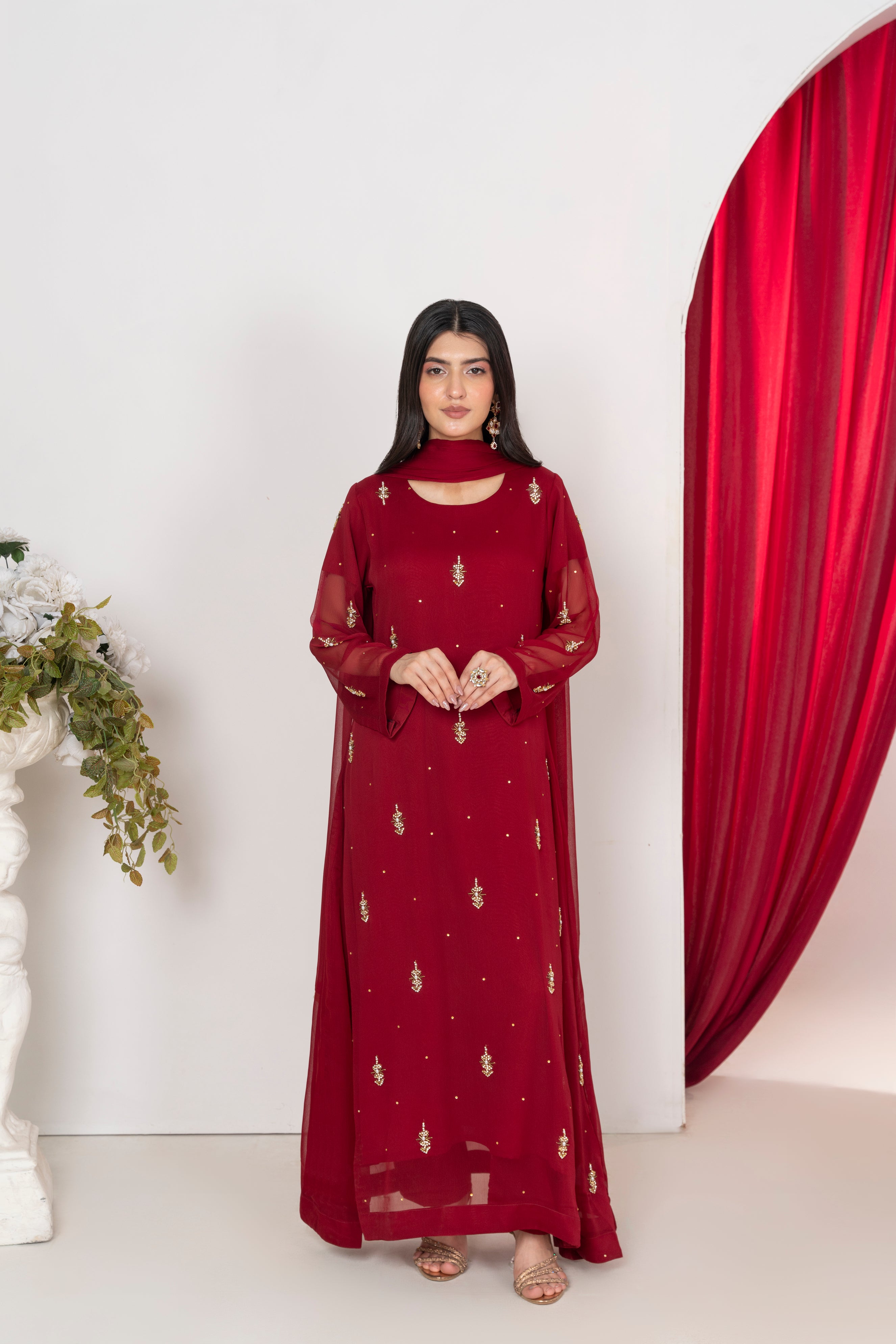 Jasmine - Deep Maroon Chiffon Flare Frock