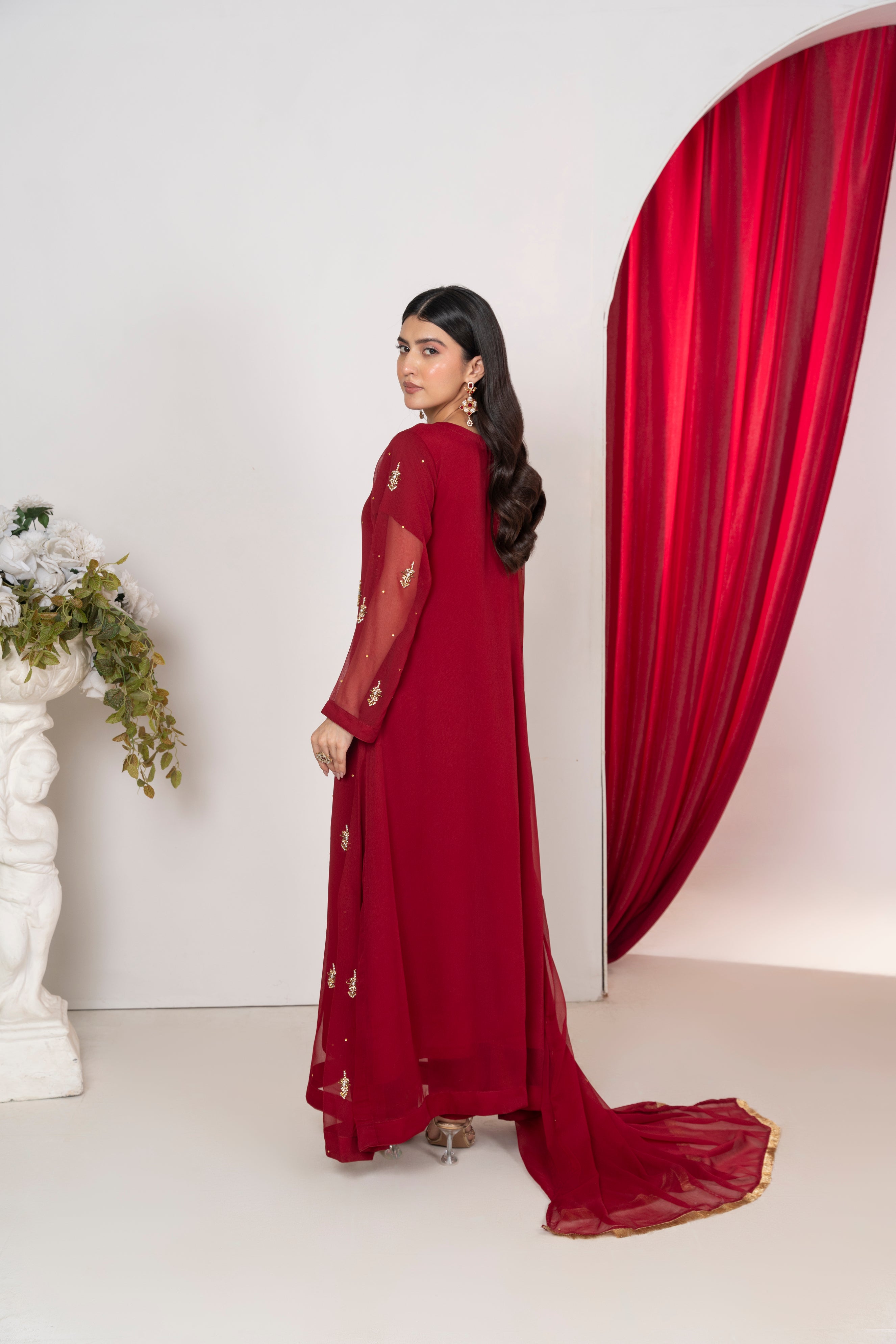 Jasmine - Deep Maroon Chiffon Flare Frock