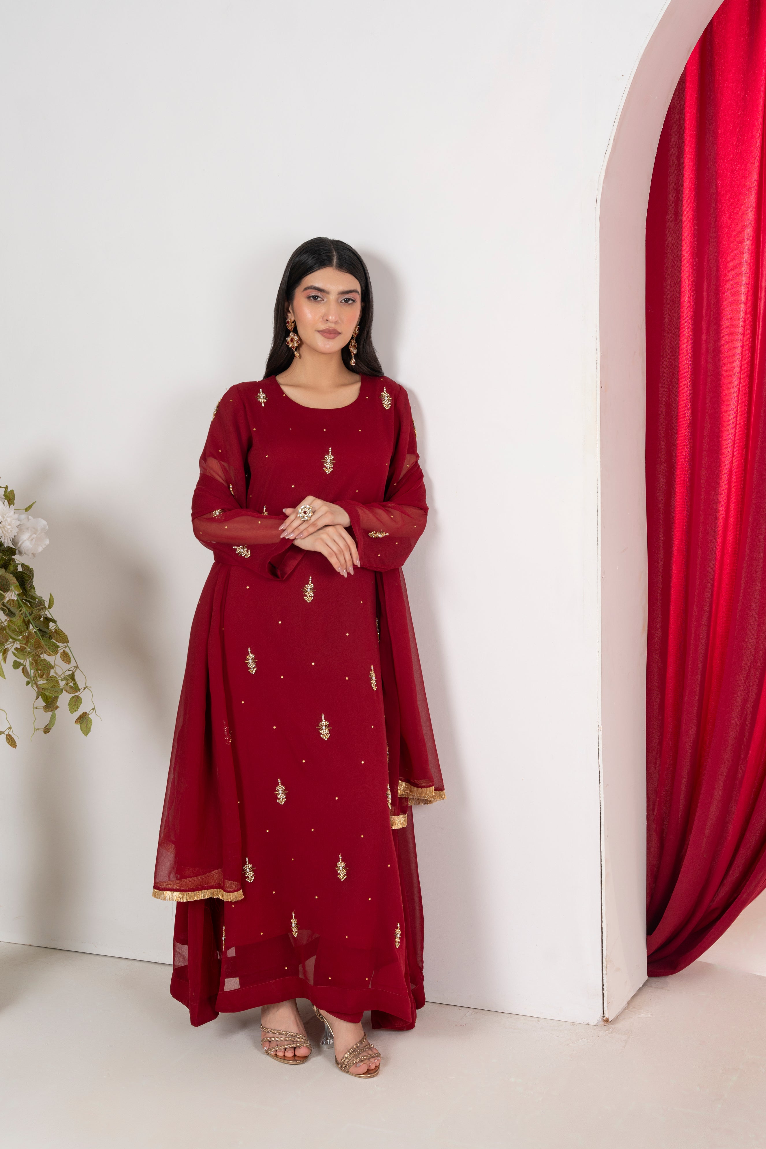 Jasmine - Deep Maroon Chiffon Flare Frock