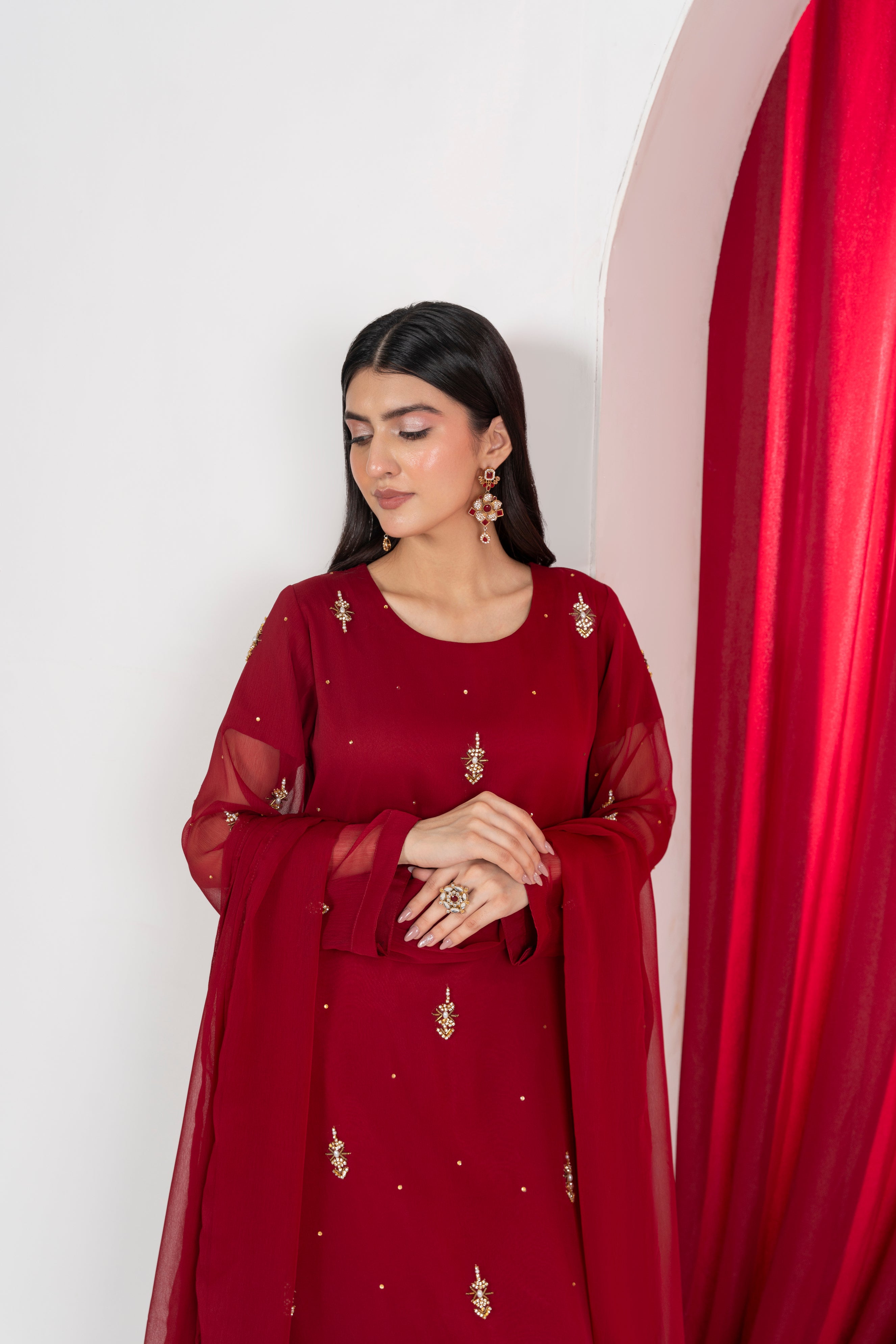 Jasmine - Deep Maroon Chiffon Flare Frock