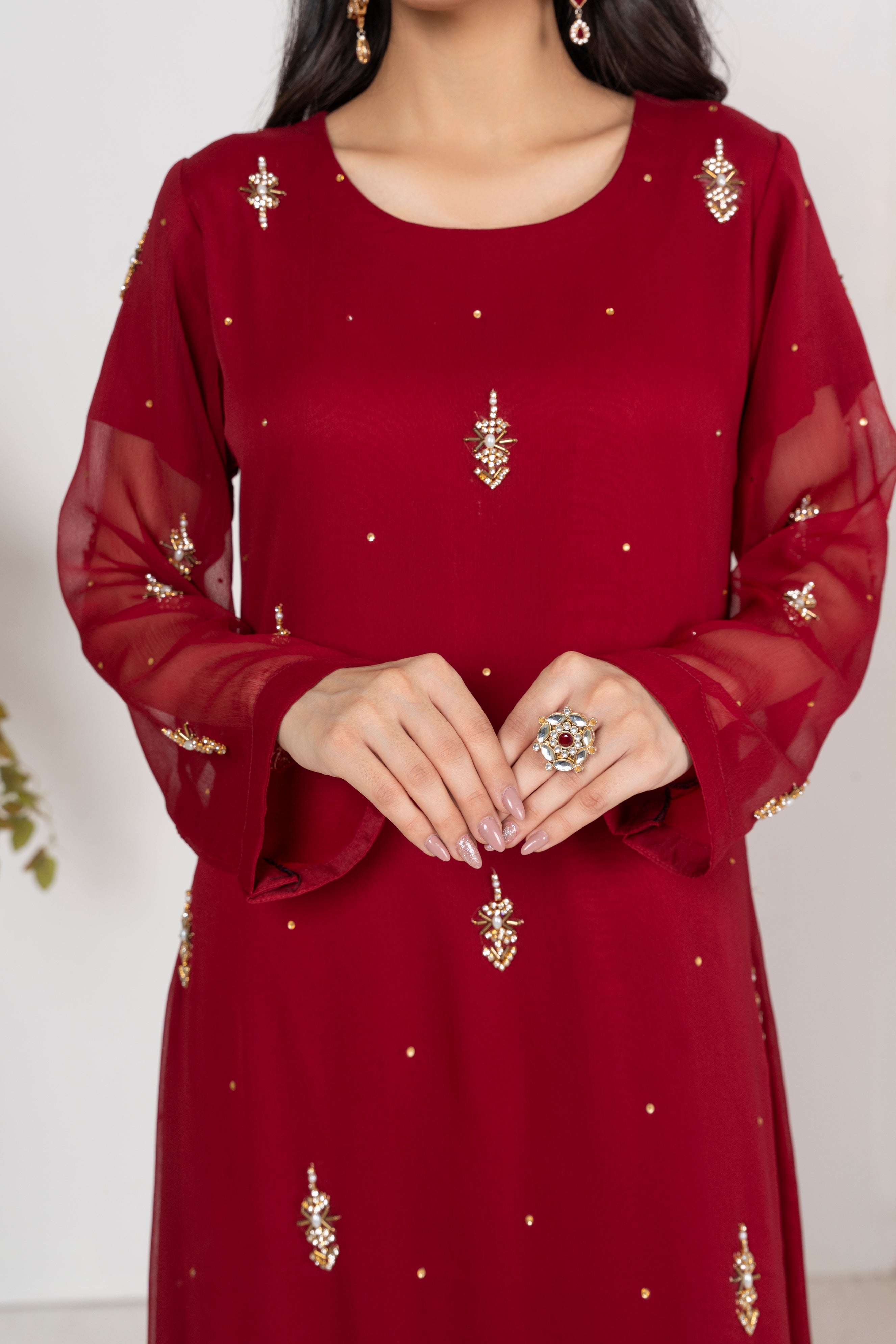 Jasmine - Deep Maroon Chiffon Flare Frock