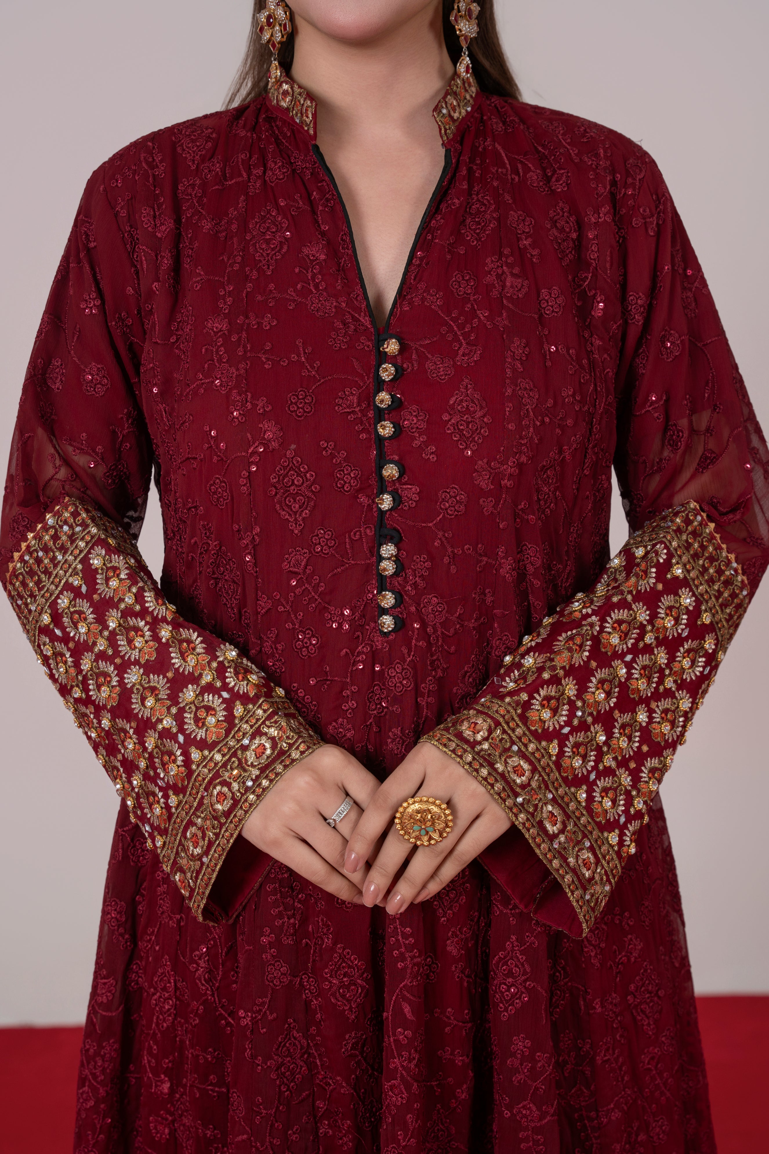 Zarqa Noir – Chikankari Maroon Festive Maxi