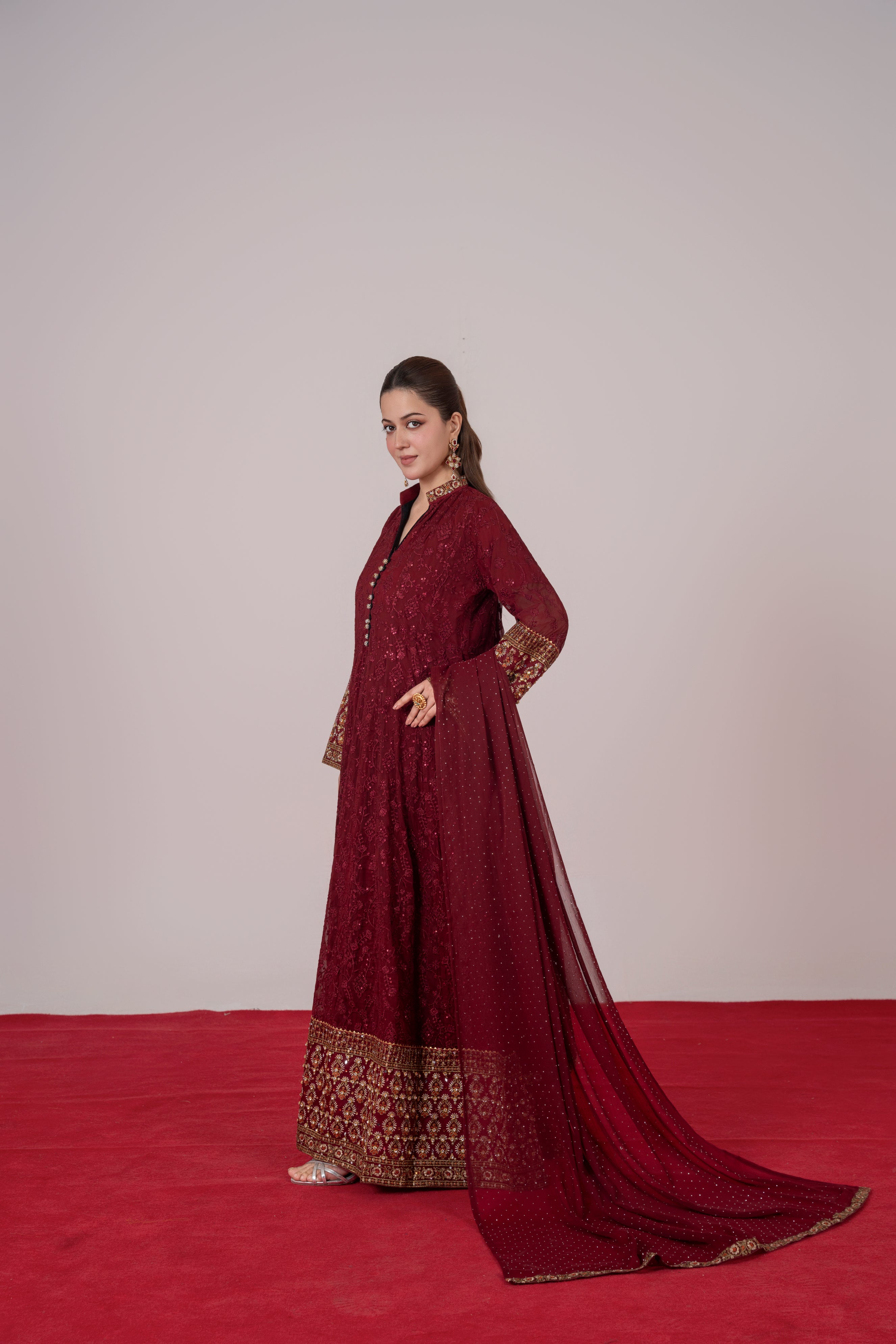 Zarqa Noir – Chikankari Maroon Festive Maxi