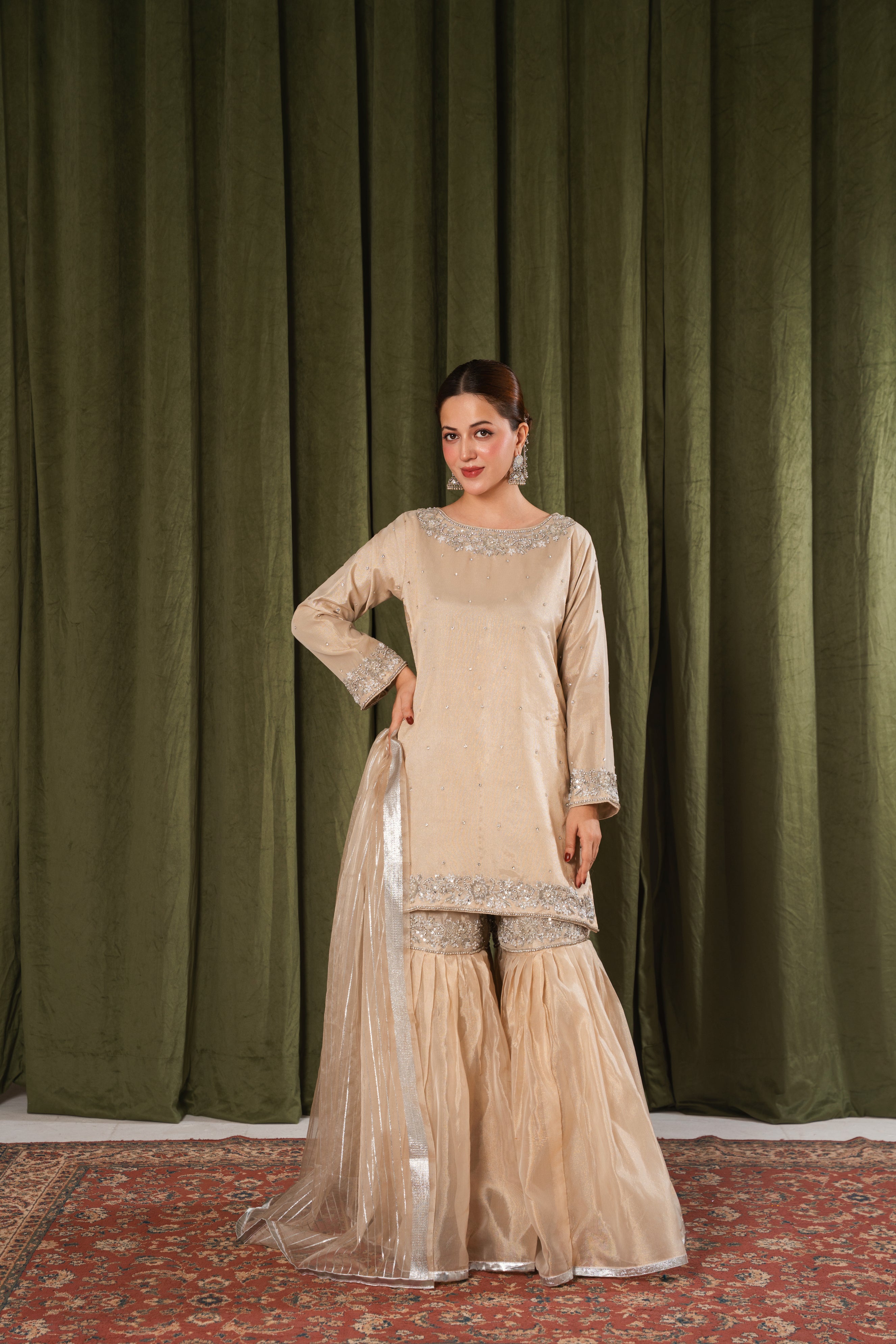 Mahira Farshi Gharara Sunset Gold