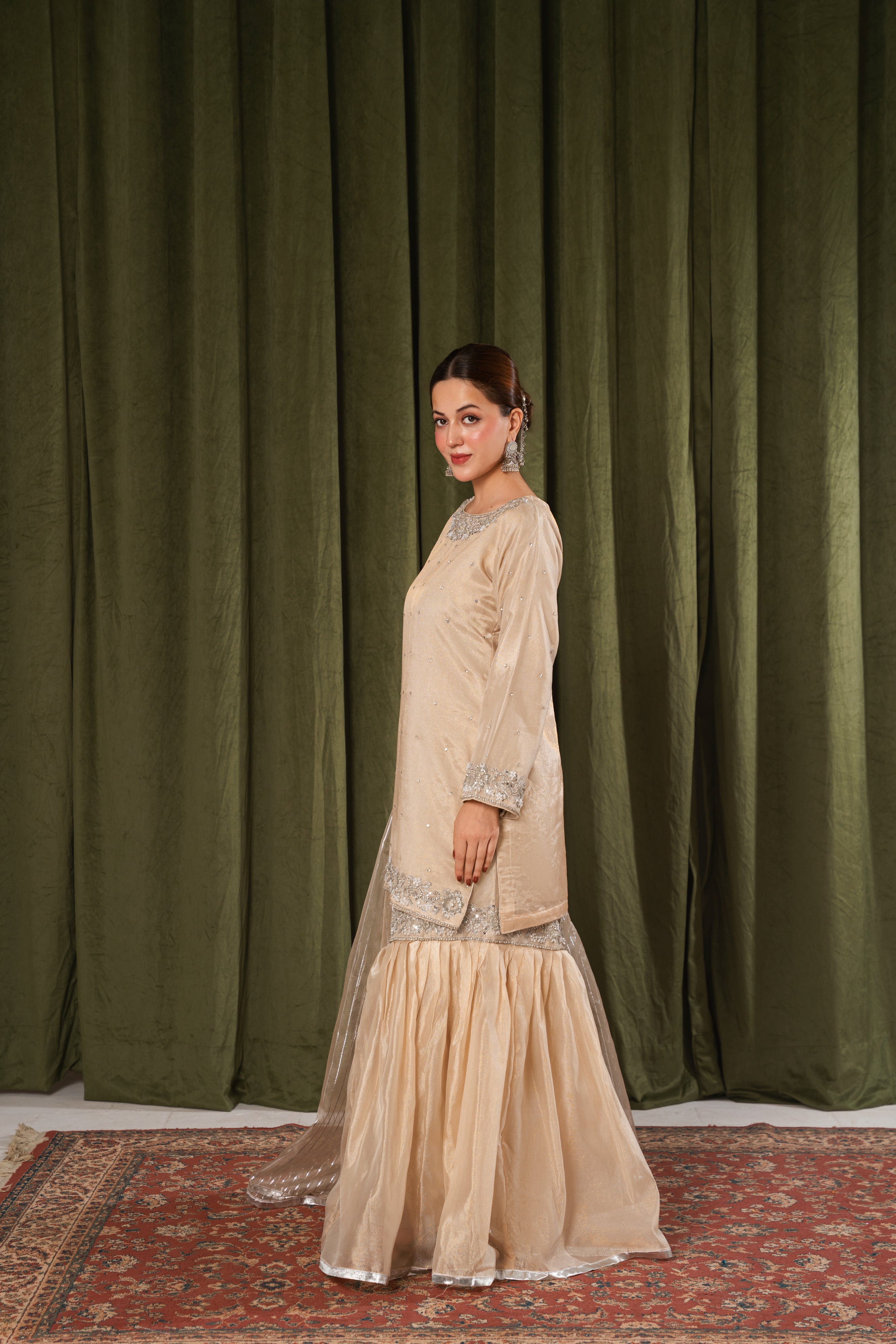 Mahira Farshi Gharara Sunset Gold