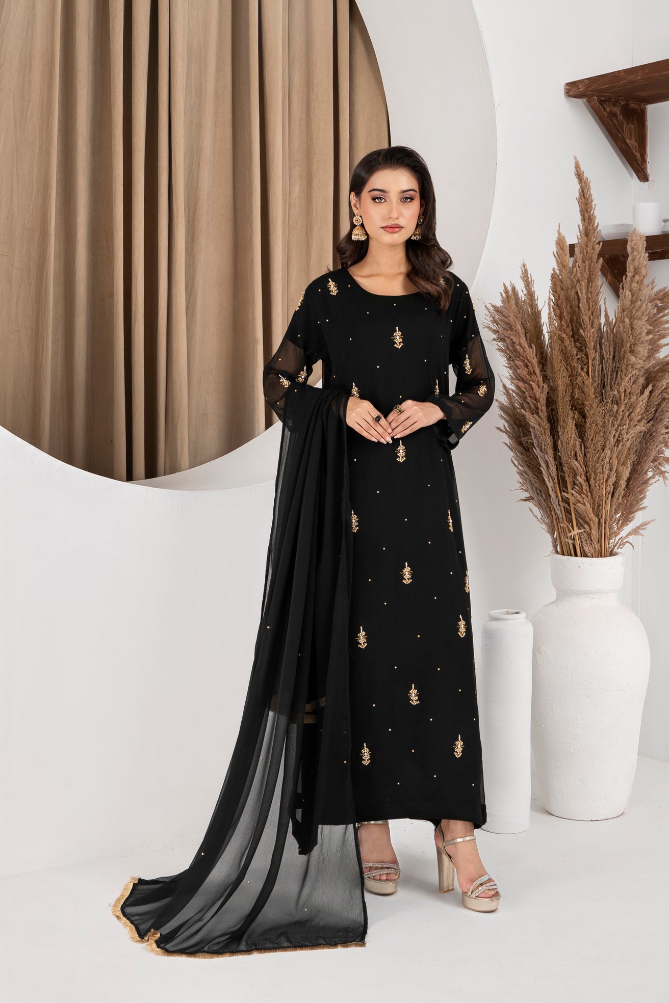 Jasmine Black Chiffon Flare Frock