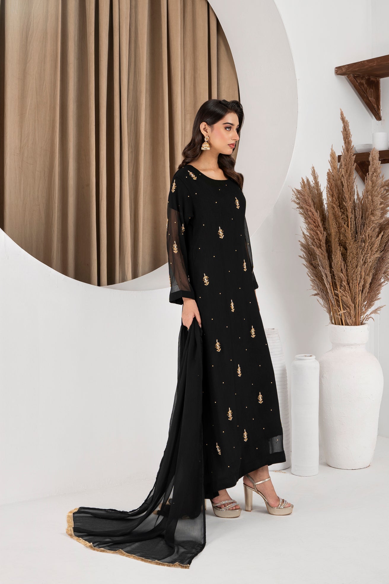 Jasmine Black Chiffon Flare Frock