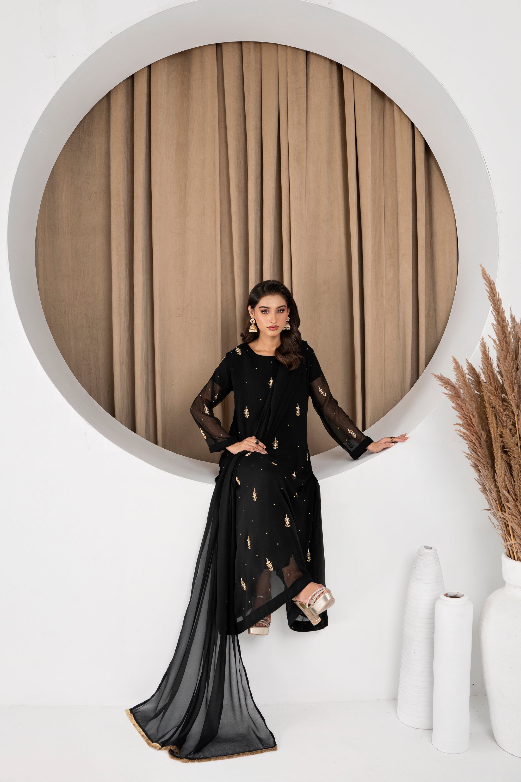 Jasmine Black Chiffon Flare Frock