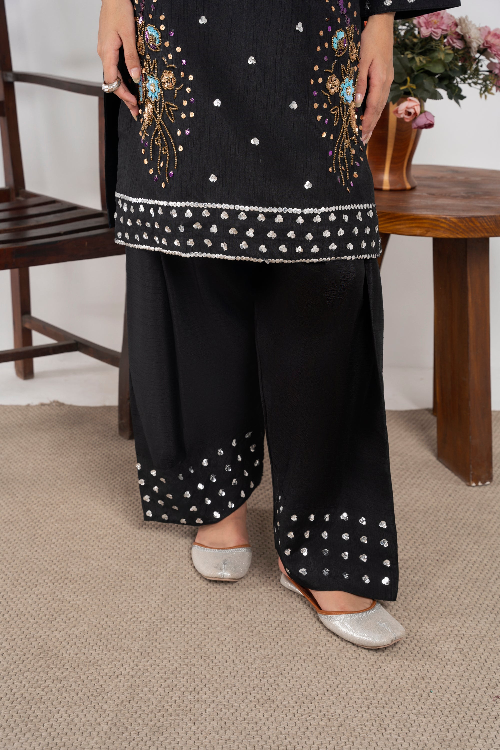 Eshal Pure Black Farshi Shalwar